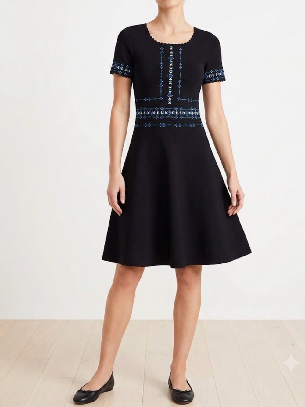 Sandro Paris Black Knit Embroidered Short Sleeve Dress in Womens Size Small